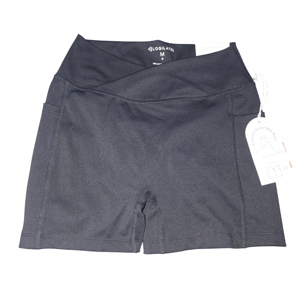 BLOGILATES Crisscross Scrunch Bike Short Jet Black‎ Pockets Workout Size Medium